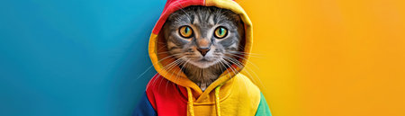 Cat in rainbow hoodie, bright background, cheerful and funの素材