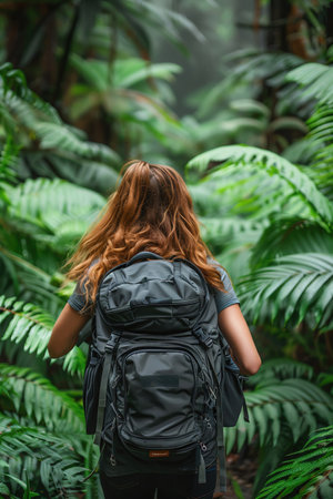 A female hiker with a backpack ventures through a lush green forest, symbolizing adventure, exploration, and connection with natureの素材