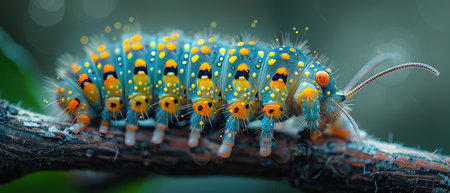 Caterpillar with patterned skin on a branch, soft natural lighting, macro perspective, serene moodの素材