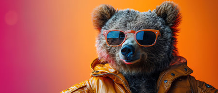Bear in vibrant 80s outfit with sunglasses, dancing, orange and pink gradient backgroundの素材