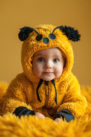 Baby in bee costume, yellow backdrop, front view, adorable and sweetの素材