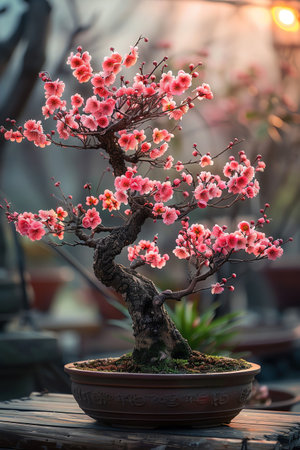 Bonsai tree with pink blossoms, soft lighting, serene and delicateの素材