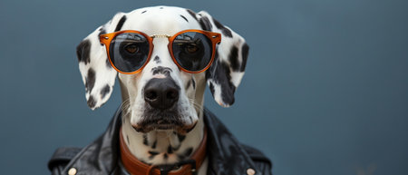 Dalmatian wearing sunglasses and a leather jacket, stylish and coolの素材