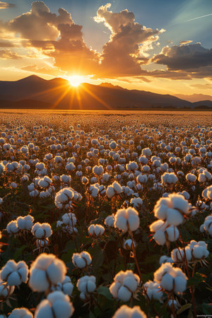Cotton field at sunset, mountains backdrop, vibrant colors, low angle, golden hourの素材