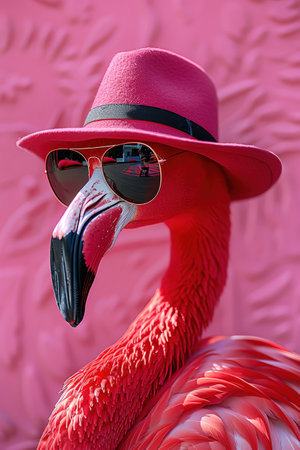Flamingo with hat and sunglasses, pink backdrop, stylish and coolの素材