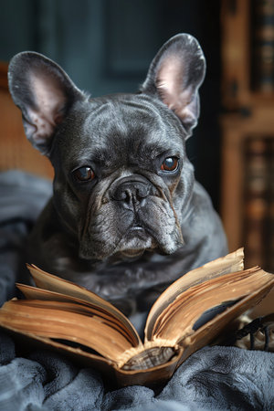French bulldog reading, humorous concept, quirky animal portrait, bathroom settingの素材