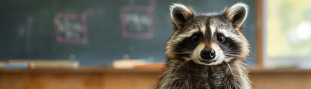 Cute raccoon standing by whiteboard, classroom settingの素材