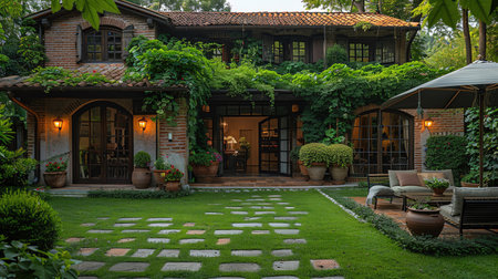 Elegant house garden, lush greenery, relaxed patio, serene afternoon, luxury livingの素材