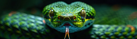 Green viper with tongue out, dark background, macro shot, intense and captivatingの素材