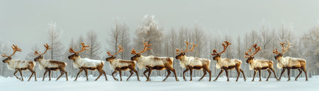 Herd of reindeer walking through snowy landscape, cold weather, organized lineの素材