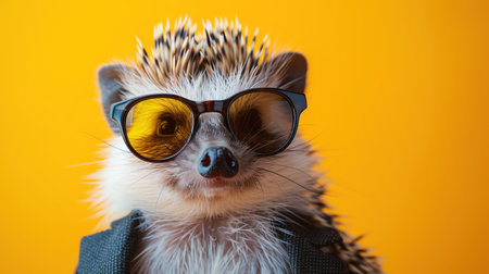 Hedgehog in a suit with sunglasses, yellow background, quirkyの素材