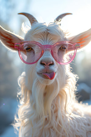 Goat wearing pink glasses, sticking tongue out, white background, playful expressionの素材