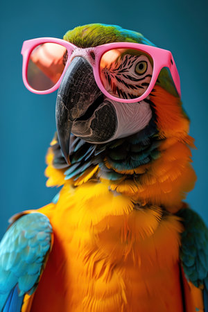 Parrot in pink sunglasses, blue backdrop, closeup, vibrant and funの素材