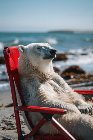 Polar bear lounging in red beach chair, ocean backdrop, sunny day, relaxed poseの素材