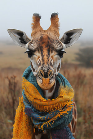 Joyful giraffe in a colorful neck scarf, tall and proud, savanna setting, clear sky, wide angleの素材