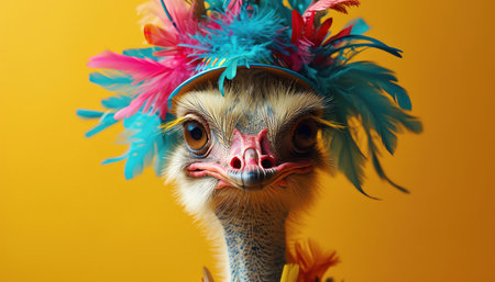 Ostrich wearing a party hat, colorful feathers, bright yellow backgroundの素材
