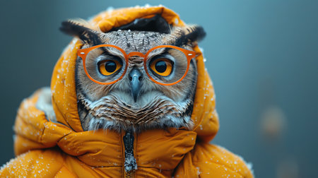 Owl wearing orange glasses and jacket, facing forward, blue backgroundの素材