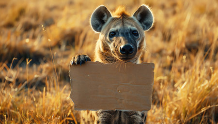 Hyena holding a blank sign, standing in dry grassland, curious lookの素材