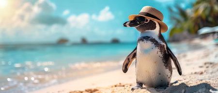 Penguin in sunglasses and hat, beach backdrop, relaxed and cuteの素材