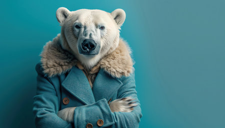 Polar bear in a blue suit with fur collar, confident pose, studio lighting, blue backgroundの素材