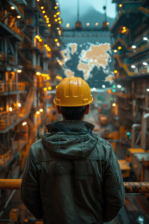 Worker in hard hat observing digital world map in warehouse, interconnected lights, dim lightingの素材