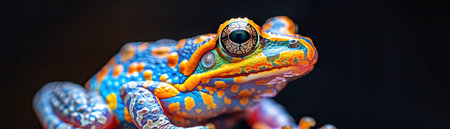 Multicolored frog, closeup, glistening, dark background, sharp focusの素材