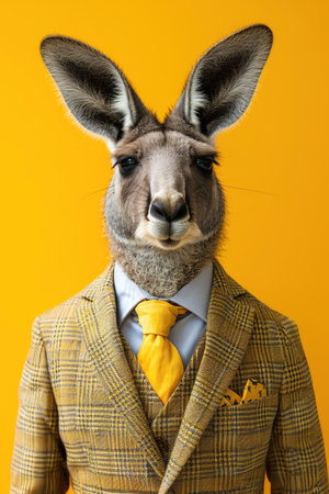 Kangaroo in suit, yellow background, fullbody shot, professional and quirkyの素材