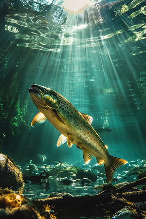 Salmon fish swimming in clear water with sunlight filtering through the surface in a natural habitatの素材