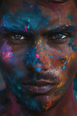 Man with Holi colors, intense gaze, cultural festival, vibrant powder, artistic portraitの素材