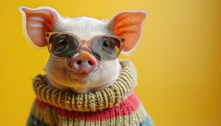 Pigs in sweaters and sunglasses, yellow backdrop, closeup, fun and colorfulの素材