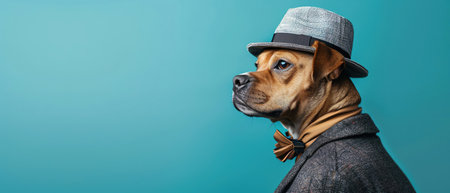 Dog in suit and hat, blue background, profile view, stylish and coolの素材