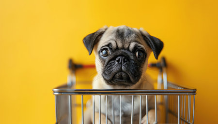 An adorable pug looking curiously out of a shopping cart, set against a bright yellow background, evoking a humorous shopping conceptの素材