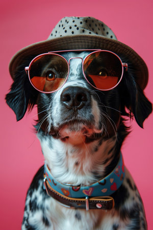 Dog in hat and sunglasses, pink background Closeup, playful, vibrantの素材