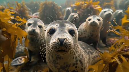 Group of curious seals underwater, surrounded by colorful coral and marine plantsの素材