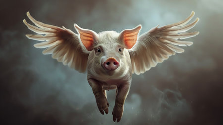 Flying pig with wings, dramatic sky, surreal atmosphere, midflight captureの素材