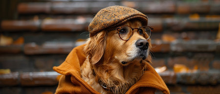 Golden retriever wearing glasses and a cap, sitting on steps, humorous portraitの素材
