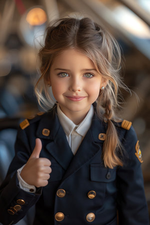 Kids in pilot uniforms, airplane background, bright daylight, thumbs up, closeup shotの素材