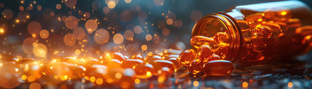 Pills tumbling from bottle, closeup, lowkey lighting, warm huesの素材