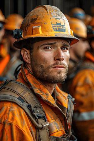 Group of construction workers in safety gear, industrial background, focused expressions, medium shotの素材