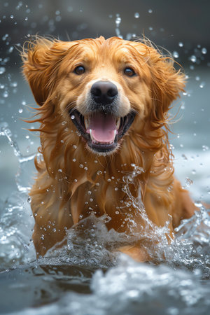 Happy golden retriever splashing in ocean waves, vibrant sunny dayの素材
