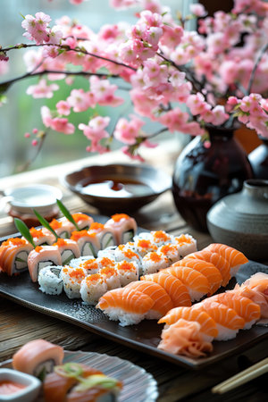 Sushi with cherry blossoms, traditional Japanese setup, natural light, serene atmosphereの素材