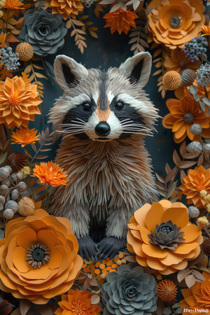 Cute raccoon amidst vibrant paper flowers, soft lighting, front view, whimsical illustrationの素材