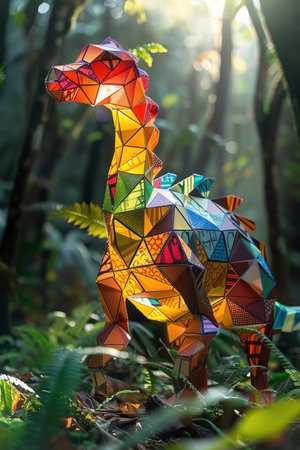 Rainbowcolored origami dinosaur standing in a lush forest, with sunlight filtering through treesの素材