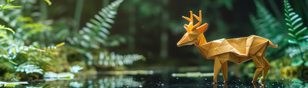 Origami deer with antlers, standing in a serene pond surrounded by lush greeneryの素材