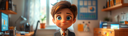 Cute cartoon boy in suit, colorful office, chartsの素材