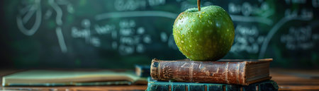 Green apple on stacked books, chalkboard with math equations in background, classroom settingの素材