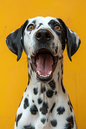 Dalmatian with wide eyes and open mouth, yellow background, humorous portraitの素材