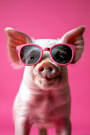 Piglet wearing sunglasses, bright pink background, closeup shotの素材