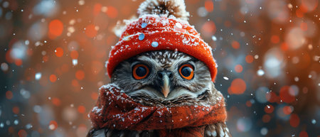 Owl with party hat and confetti, vibrant red background, festive and whimsical, sharp focusの素材