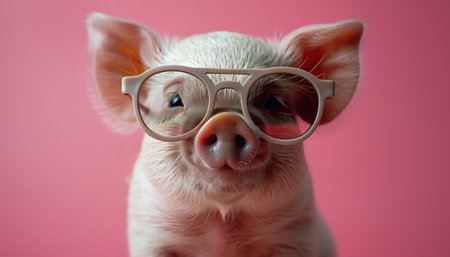 Piglet wearing sunglasses, bright pink background, closeup shotの素材